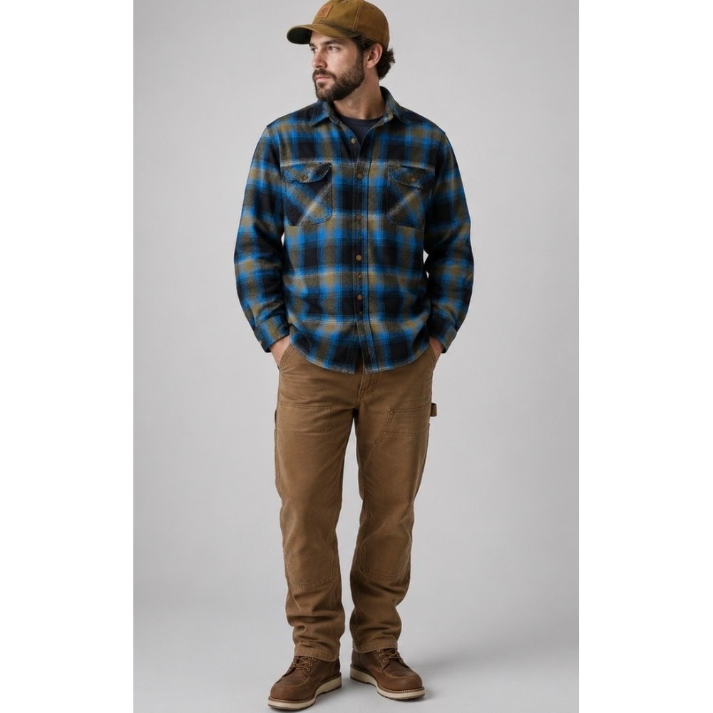 Polar King Key Apparel Mens XL Blue Plaid Cotton Flannel Snap Button‎ Shirt Work